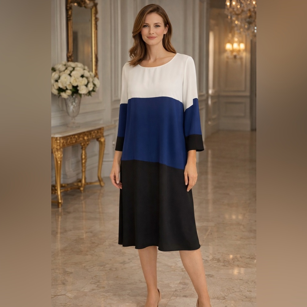 Dex Long Sleeve Color Block Dress - Black, Blue, White